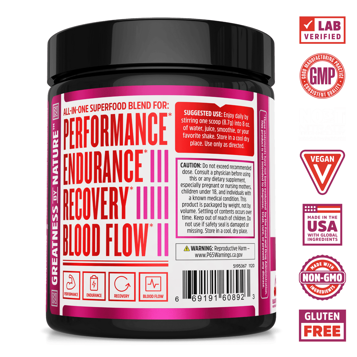 Zhou Nutrition Beet Complete Nitric Oxide powder. Bottle side. Lab verified, good manufacturing practices, NO3 Nitrate Technology, vegan, made in the USA with global ingredients, made with non-GMO ingredients, gluten free.