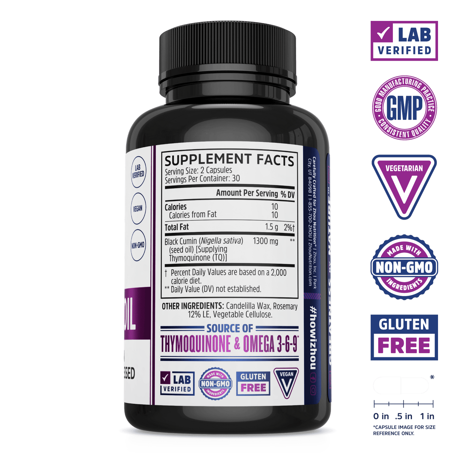 Non-GMO Black Seed Oil Capsules From Zhou Nutrition. Bottle side. Lab verified, good manufacturing practices, vegetarian, made with non-GMO ingredients, gluten free.