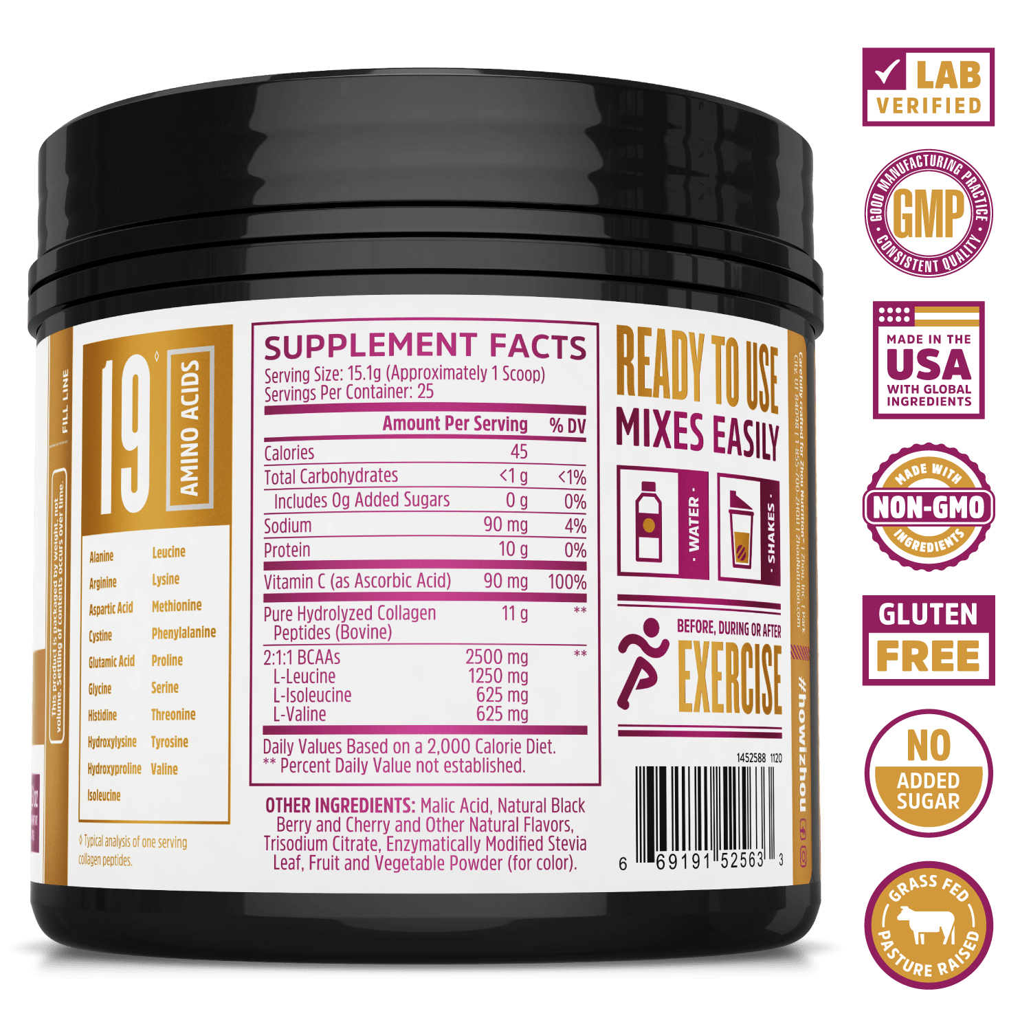 Zhou Nutrition Collagen Active supplement powder for flexibility, strength, recovery. Bottle side. Lab verified, good manufacturing practices, made in the USA with global ingredients, made with non-GMO ingredients, gluten free, no added sugar, grass fed pasture raised.