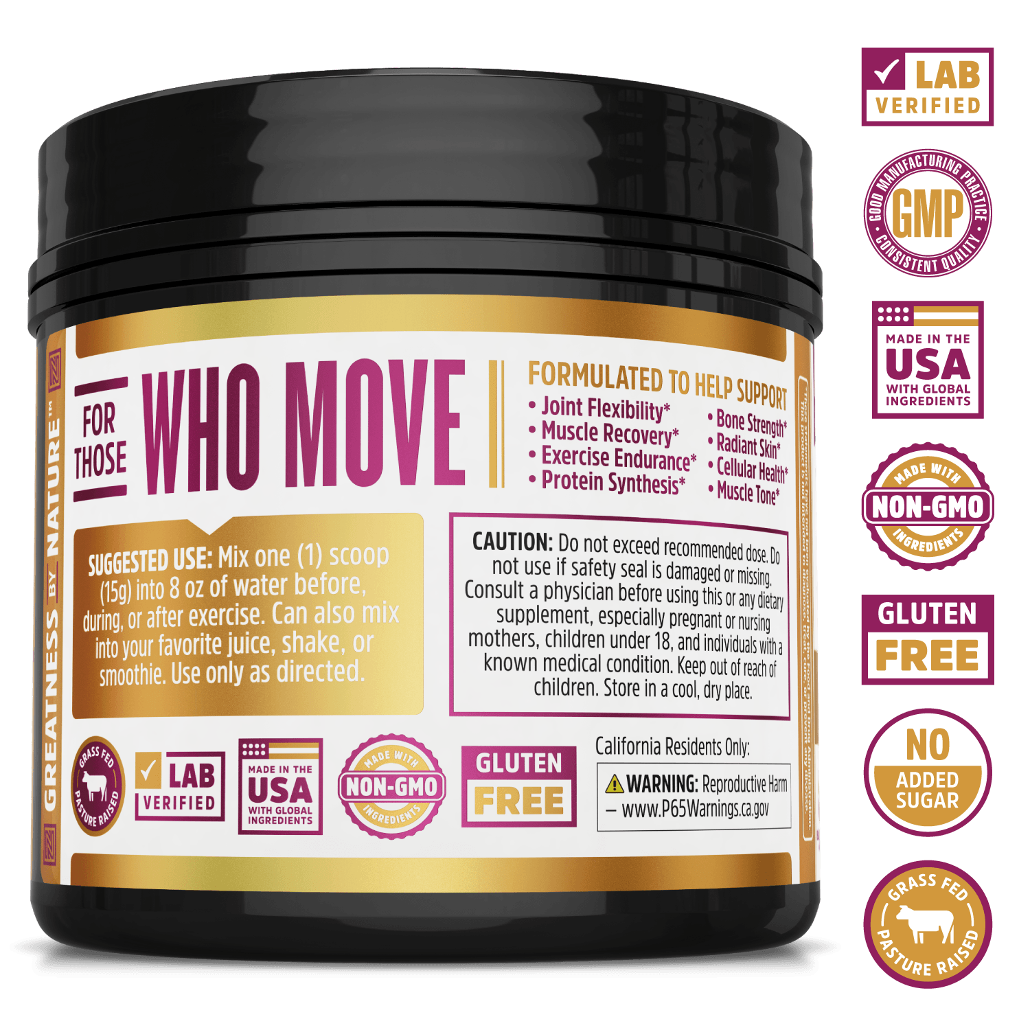 Zhou Nutrition Collagen Active drink powder with collagen peptides plus BCAAs and Vitamin C. Bottle side. Lab verified, good manufacturing practices, made in the USA with global ingredients, made with non-GMO ingredients, gluten free, no added sugar, grass fed pasture raised.