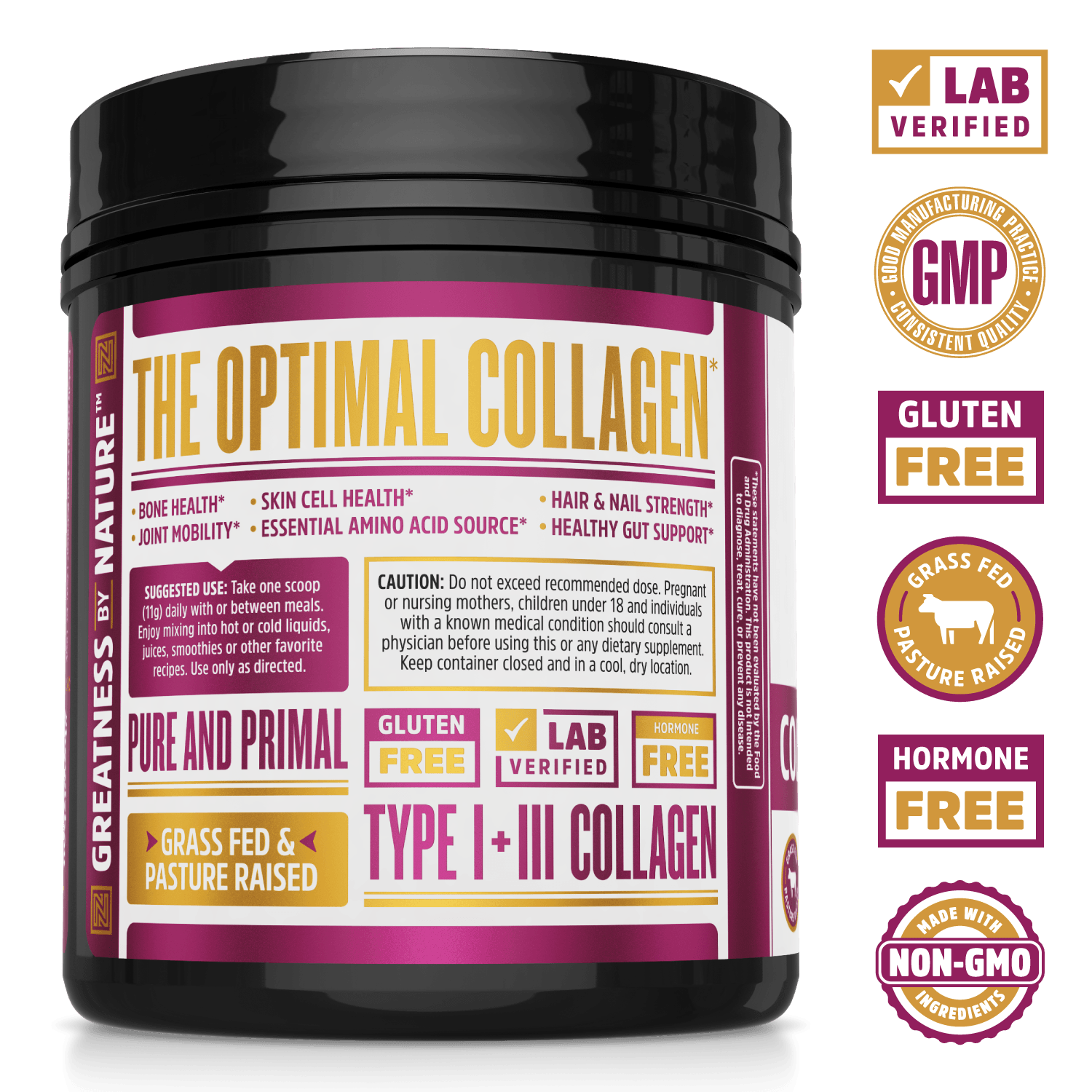 Collagen Peptides Pure Protein Power From Zhou Nutrition. Bottle side. Lab verified, good manufacturing practices, gluten free, grass fed pasture raised, hormone free.