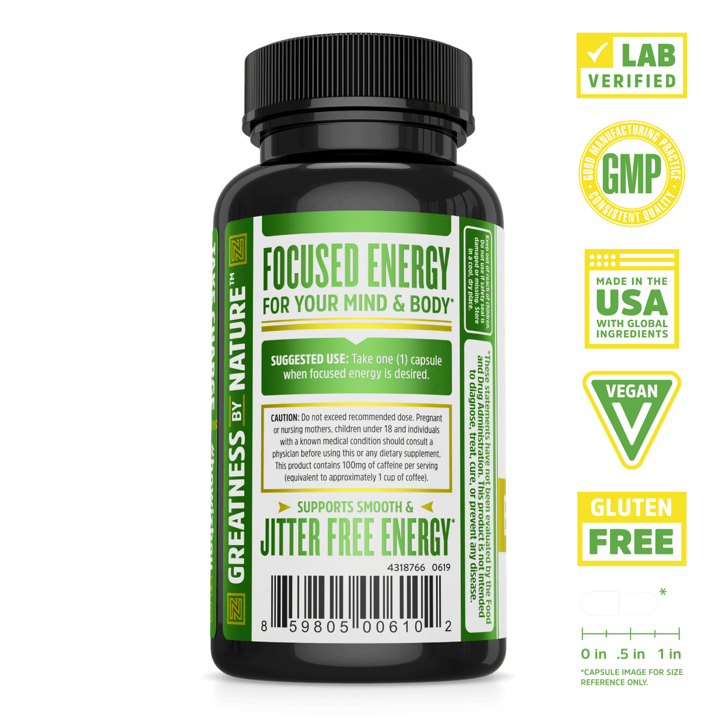 Zhou Nutrition Energy + Focus Long Lasting Energy Supplement. Bottle side. Lab verified, good manufacturing practices, made in the USA with global ingredients, vegan, gluten free.