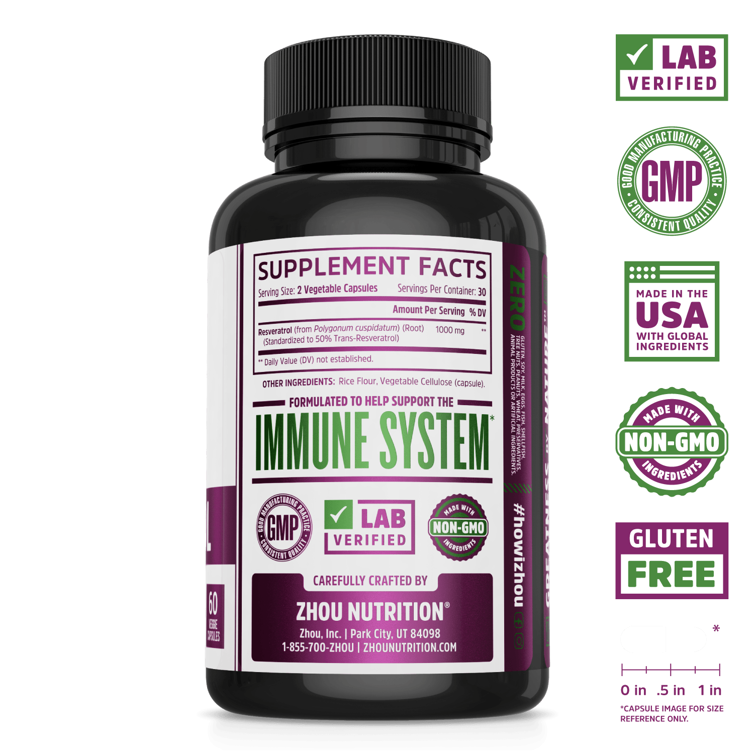 Zhou Nutrition High Potency Resveratrol Capsules. Lab verified, good manufacturing practices, made in the USA with global ingredients, made with non-GMO ingredients, gluten free