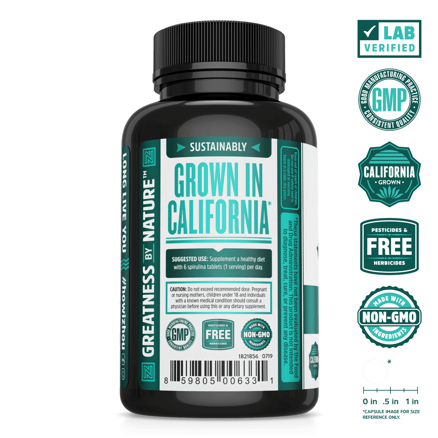 Zhou Nutrition Sustainably Grown Spirulina Tablets. Lab verified, good manufacturing practices, california grown, pesticides & herbicides free, made with non-GMO ingredients