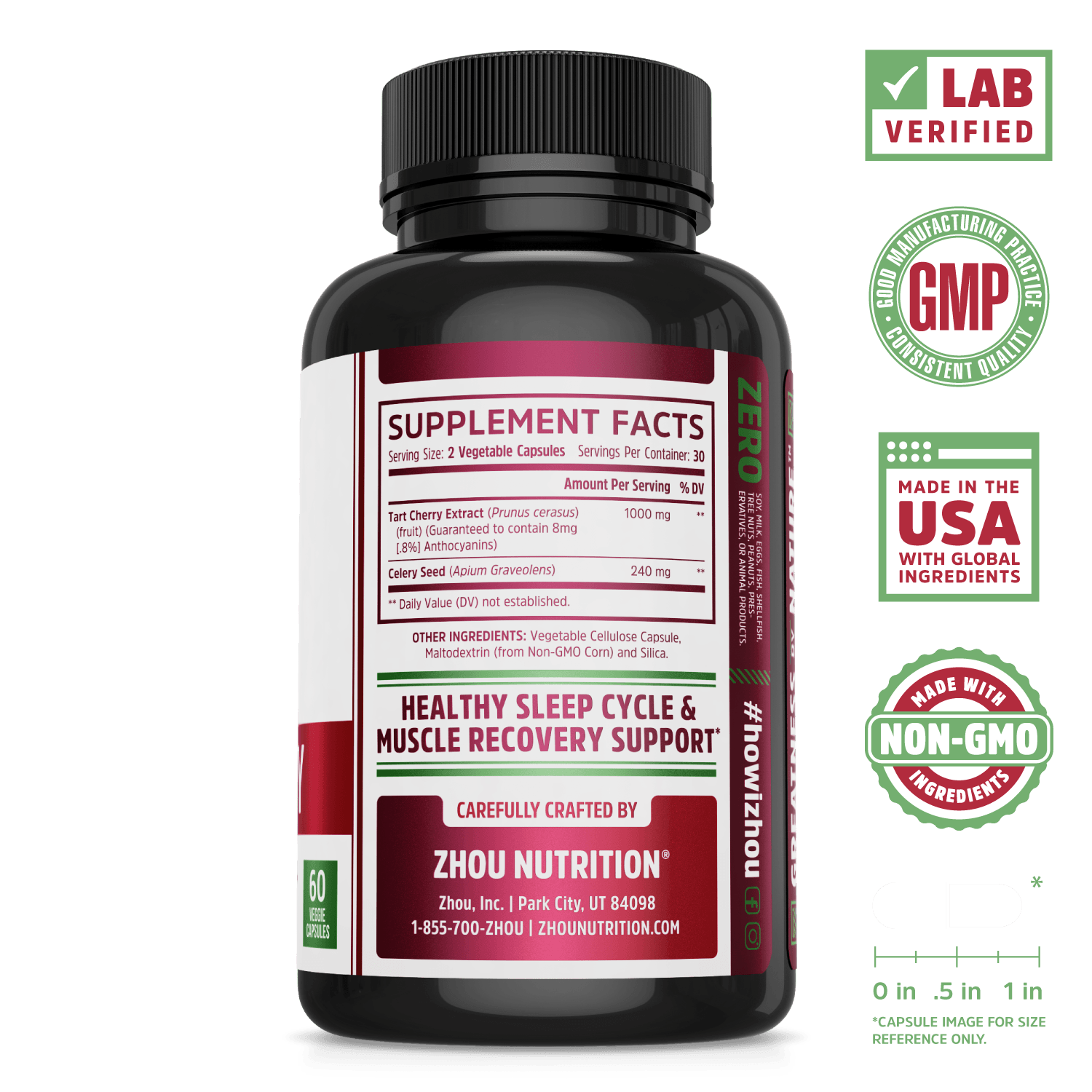 Zhou Nutrition Tart Cherry Extract Capsules. Bottle side. Lab verified, good manufacturing practices, made in the USA with global ingredients, made with non-GMO ingredients.