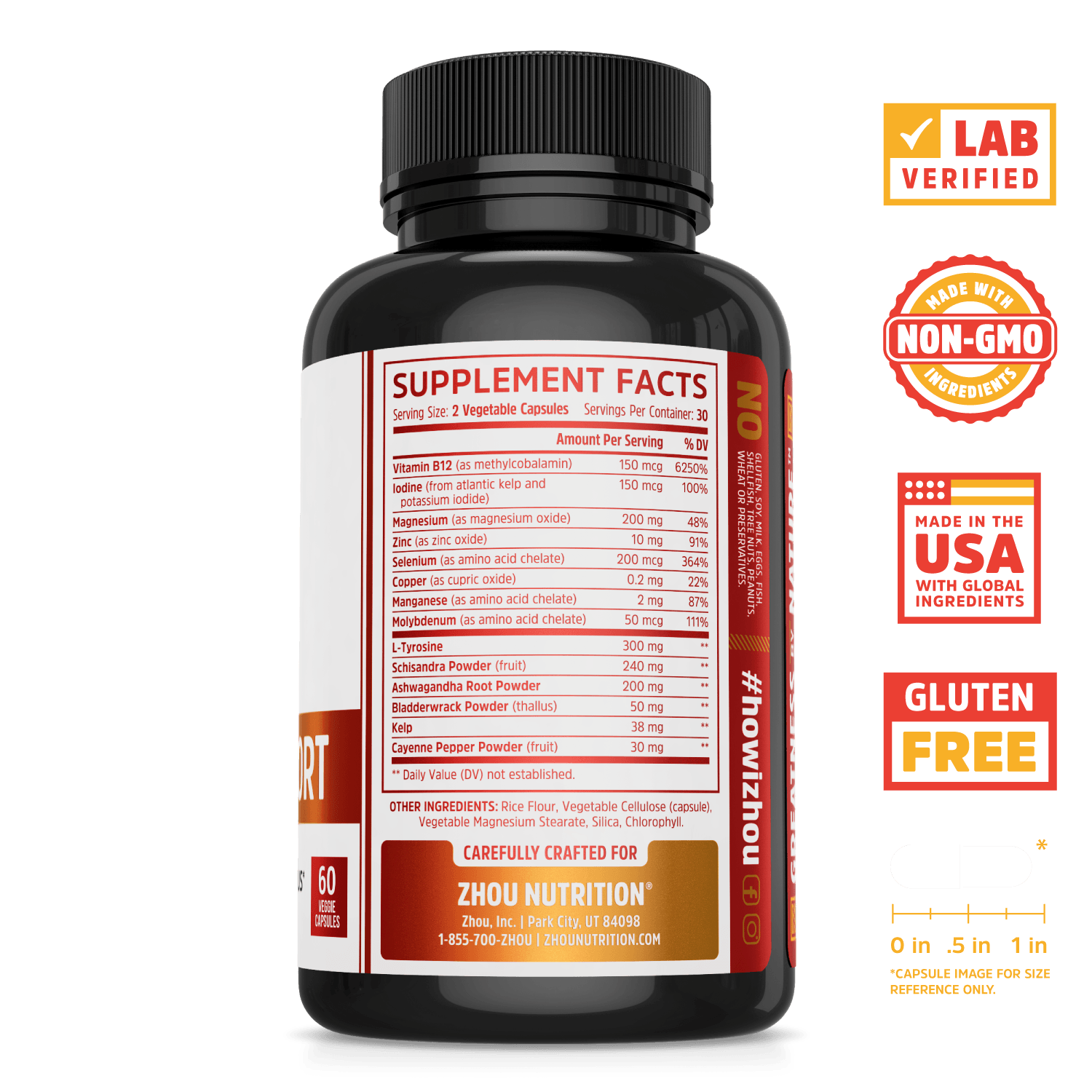 Zhou Nutrition Thyroid Support Complex. Bottle side. Lab verified, made with non-GMO ingredients, made in the USA with global ingredients, gluten free.