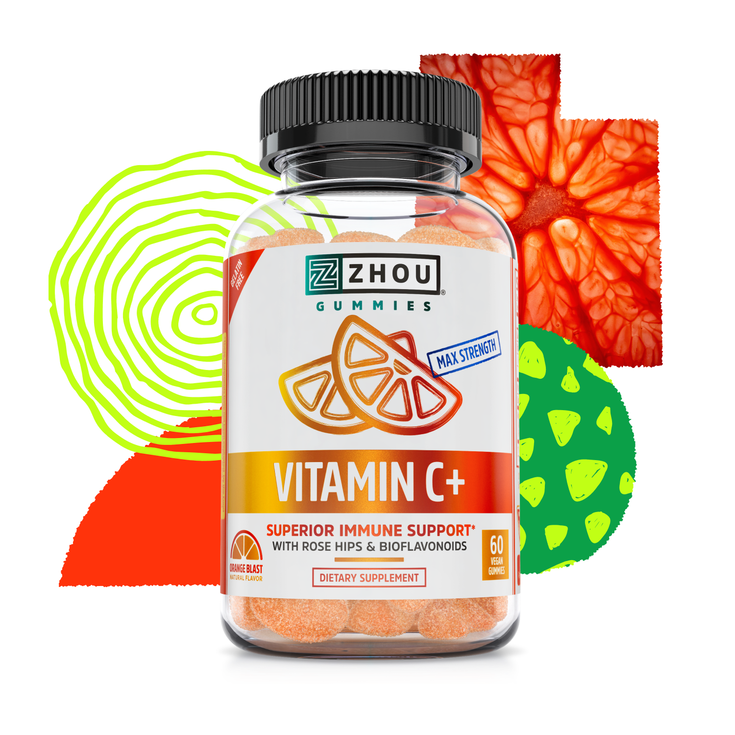 A bottle of Zhou Nutrition Vitamin C+ Gummies for immune support with colorful fruit graphics in the background.