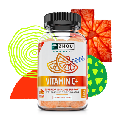 A bottle of Zhou Nutrition Vitamin C+ Gummies for immune support with colorful fruit graphics in the background.