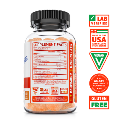Zhou Nutrition Vitamin C+ Gummies: immune support, lab verified, vegan, gluten free, USA-made, money back guarantee.