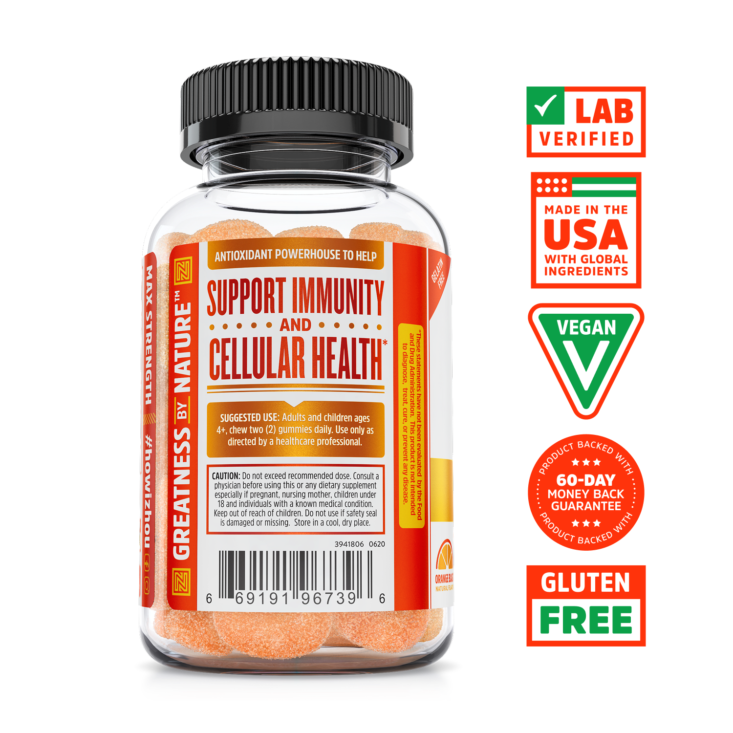 A Zhou Nutrition Vitamin C+ Gummies bottle labeled Support Immunity & Cellular Health, with immune and collagen badges.