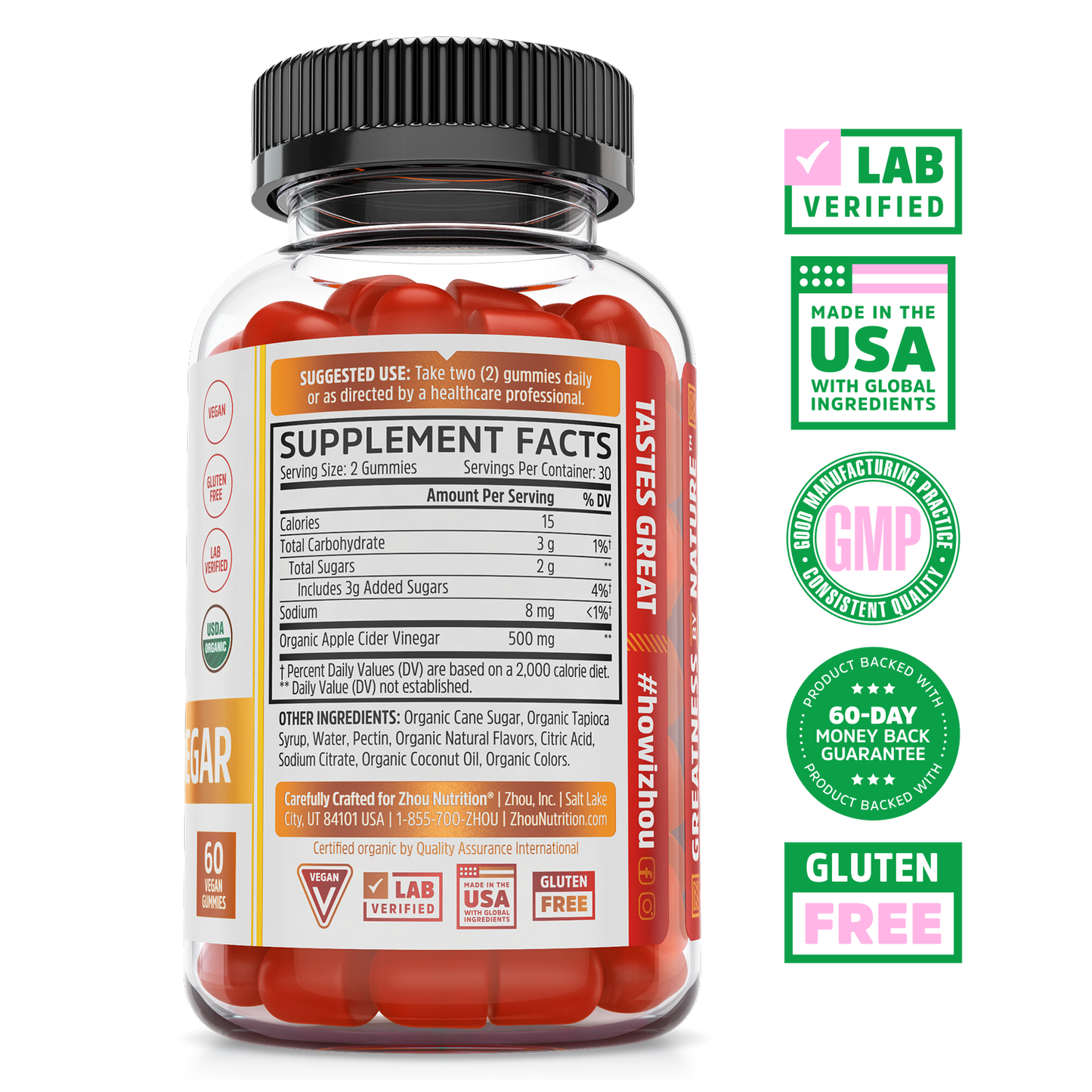 Zhou Nutrition Apple Cider Vinegar Gummies for gut health: lab verified, made in USA, GMP, gluten free.