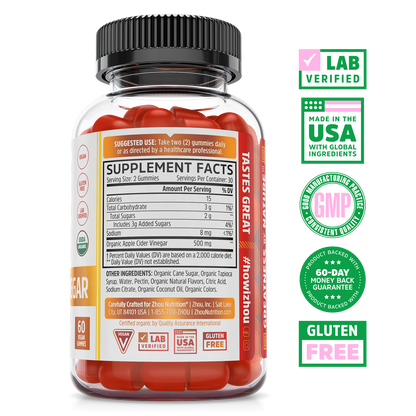 Zhou Nutrition Apple Cider Vinegar Gummies for gut health: lab verified, made in USA, GMP, gluten free.
