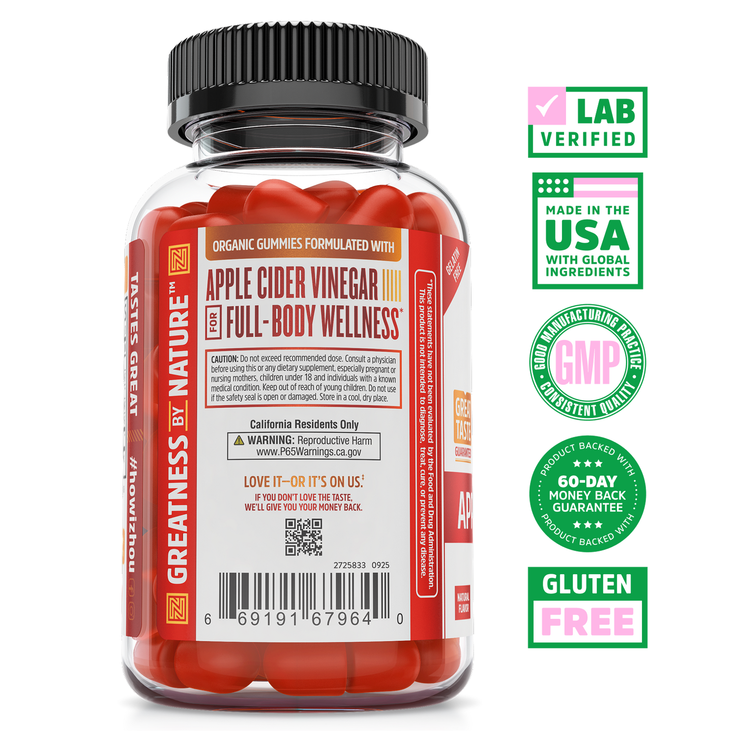 A bottle of Zhou Nutrition Apple Cider Vinegar Gummies with metabolism support, wellness claims, and gluten-free badges.