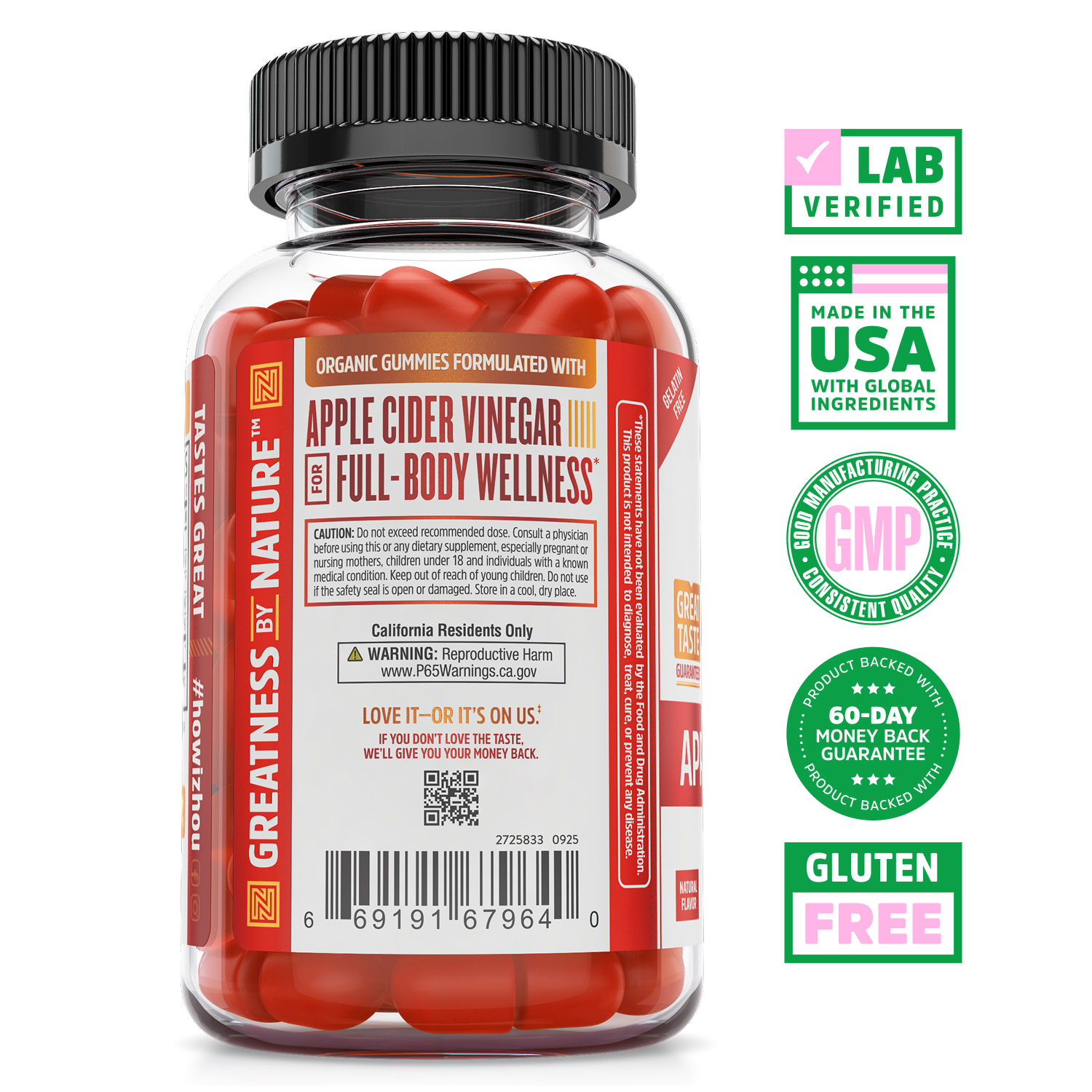A bottle of Zhou Nutrition Apple Cider Vinegar Gummies with metabolism support, wellness claims, and gluten-free badges.