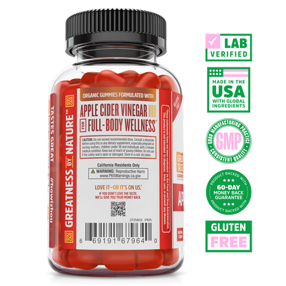 A bottle of Zhou Nutrition Apple Cider Vinegar Gummies with metabolism support, wellness claims, and gluten-free badges.