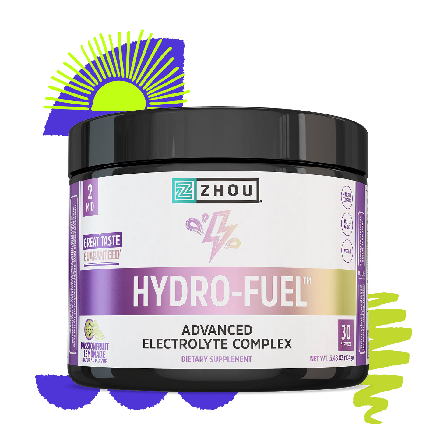 Zhou Nutrition Hydro-Fuel electrolyte boost powder, passionfruit lemonade flavor, with abstract shapes in the background.