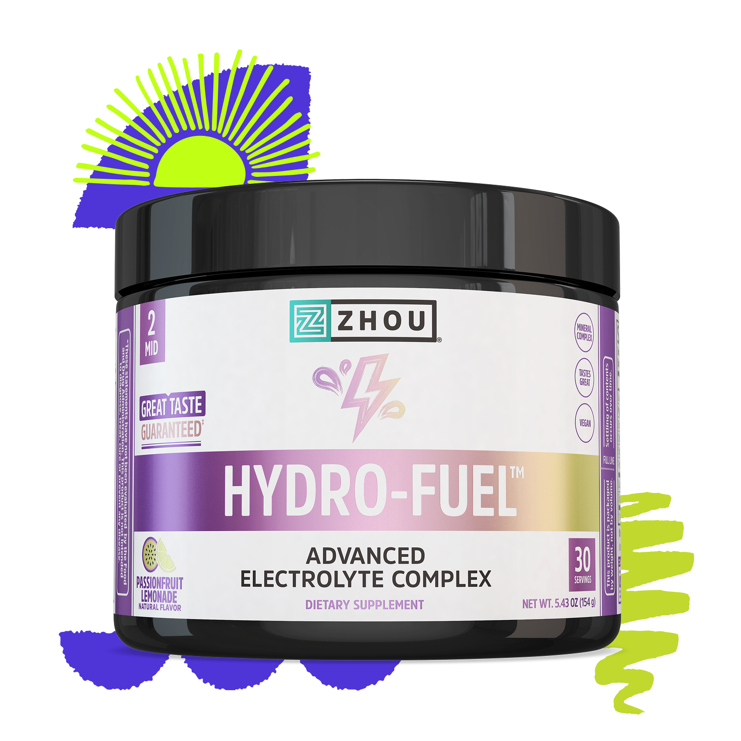 Zhou Nutrition Hydro-Fuel electrolyte boost powder, passionfruit lemonade flavor, with abstract shapes in the background.