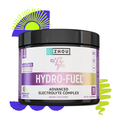 Zhou Nutrition Hydro-Fuel electrolyte boost powder, passionfruit lemonade flavor, with abstract shapes in the background.