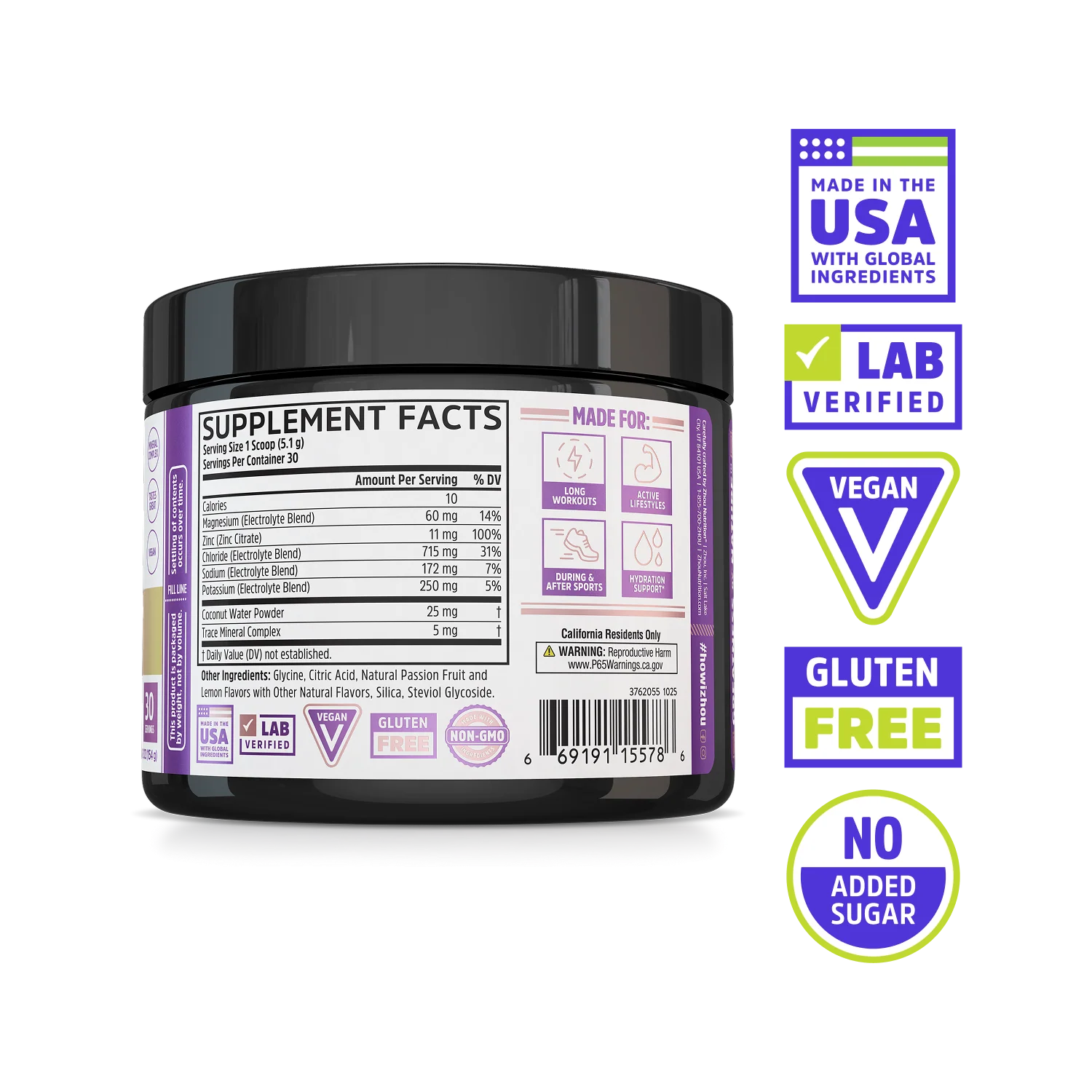 Zhou Nutrition Hydro-Fuel™ Stick Pack + Tub Bundle: USA-made, lab verified, vegan, with coconut water powder.