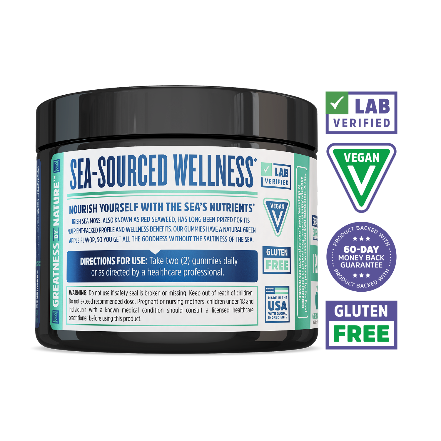 A jar labeled Zhou Nutrition Irish Sea Moss Gummies with vegan, gluten-free, and lab-verified badges, plus directions.