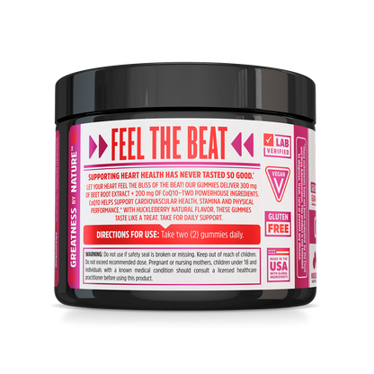 A black container of Zhou Nutrition CoQBeet vegan, gluten-free heart health gummies with CoQ10 on the label.