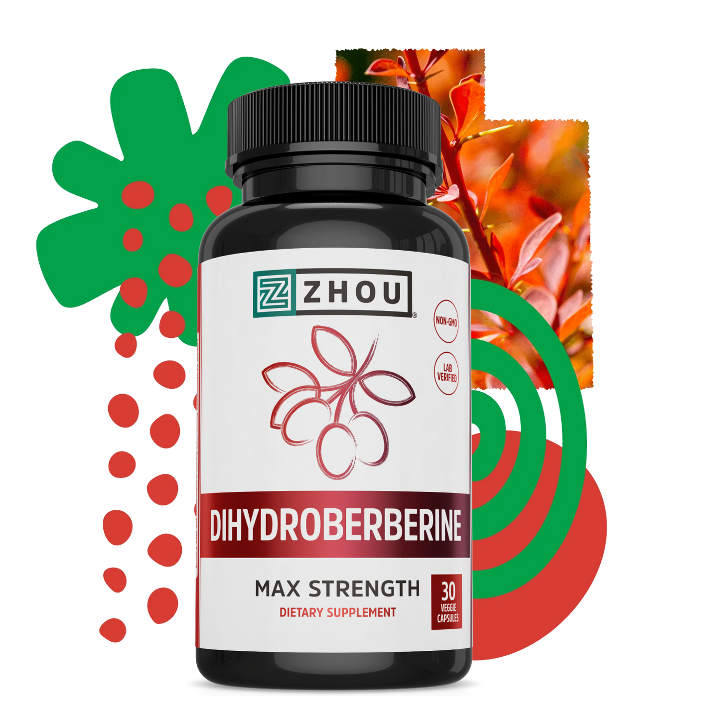 A bottle of Zhou Nutrition Dihydroberberine supplement, with colorful abstract shapes in the background.