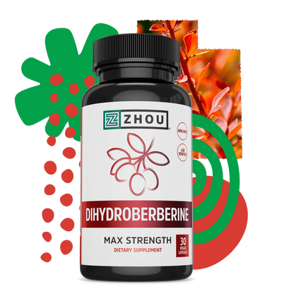 A bottle of Zhou Nutrition Dihydroberberine supplement, with colorful abstract shapes in the background.