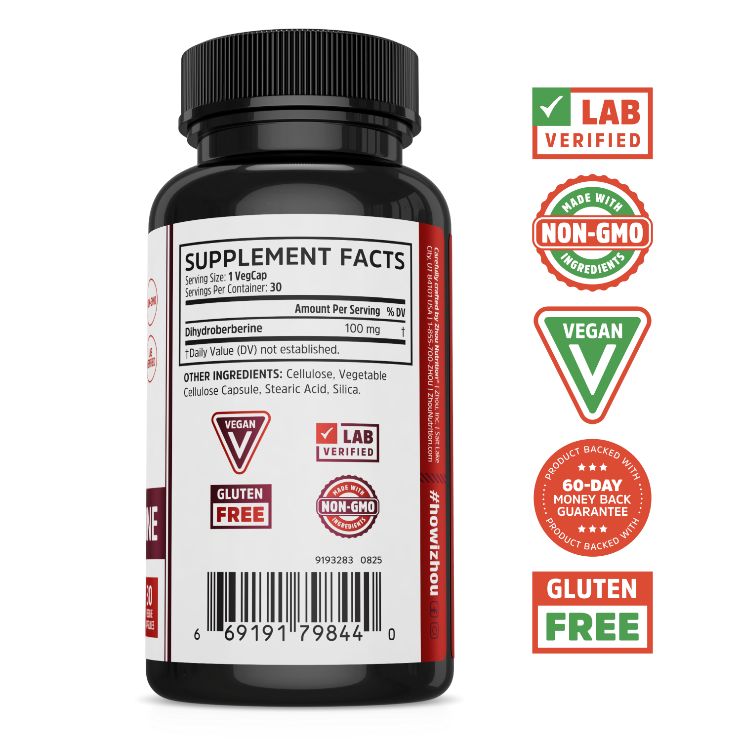 Zhou Nutrition Dihydroberberine: black bottle, supplement facts label, daily wellness, vegan, lab verified, non-GMO.