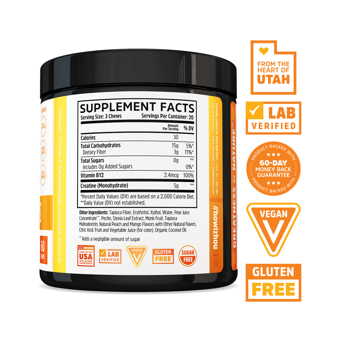 Zhou Nutrition Creatine Chews in a black container with nutrition facts and badges for lab verified, vegan, gluten free.