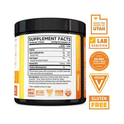 Zhou Nutrition Creatine Chews in a black container with nutrition facts and badges for lab verified, vegan, gluten free.