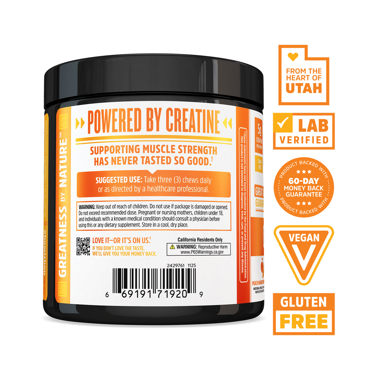 Zhou Nutrition Creatine Chews in a black container with orange label; vegan, gluten free, supports muscle growth.