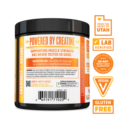 Zhou Nutrition Creatine Chews in a black container with orange label; vegan, gluten free, supports muscle growth.