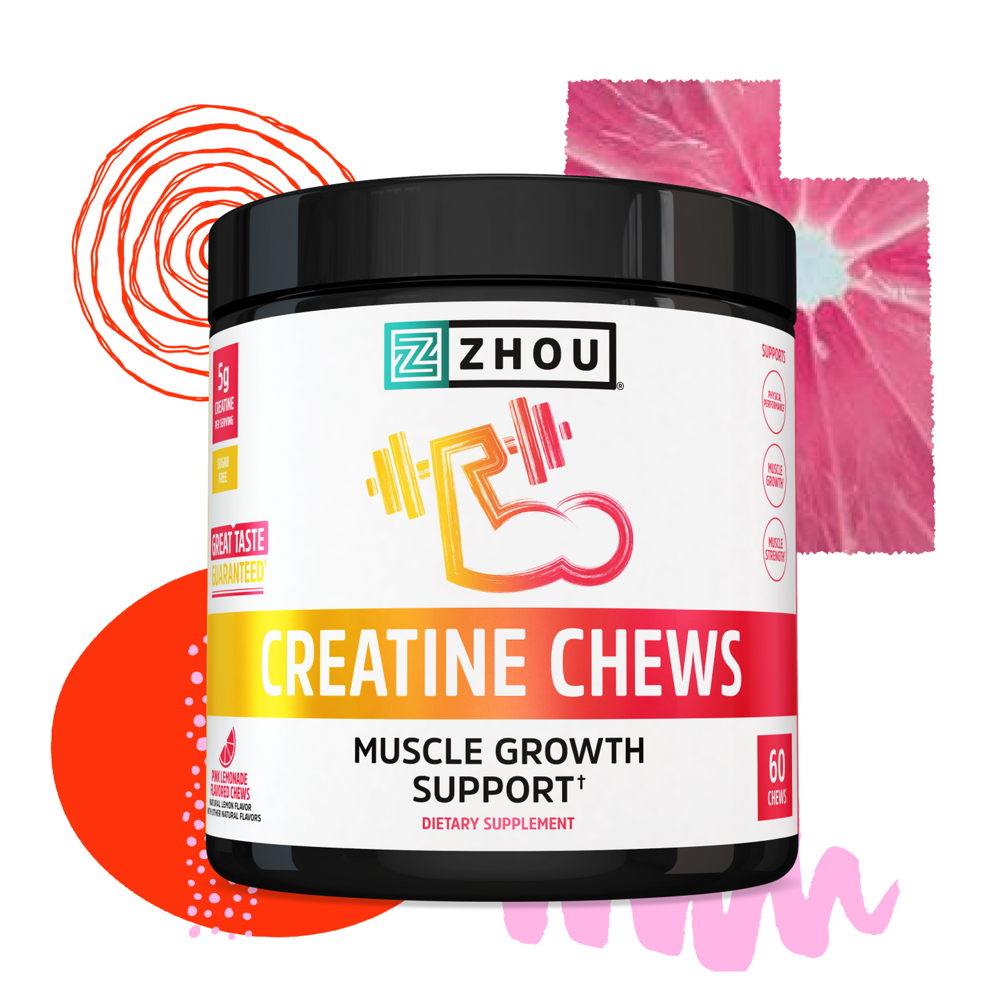 A container of Zhou Nutrition Creatine Chews for muscle growth with colorful abstract shapes in the background.