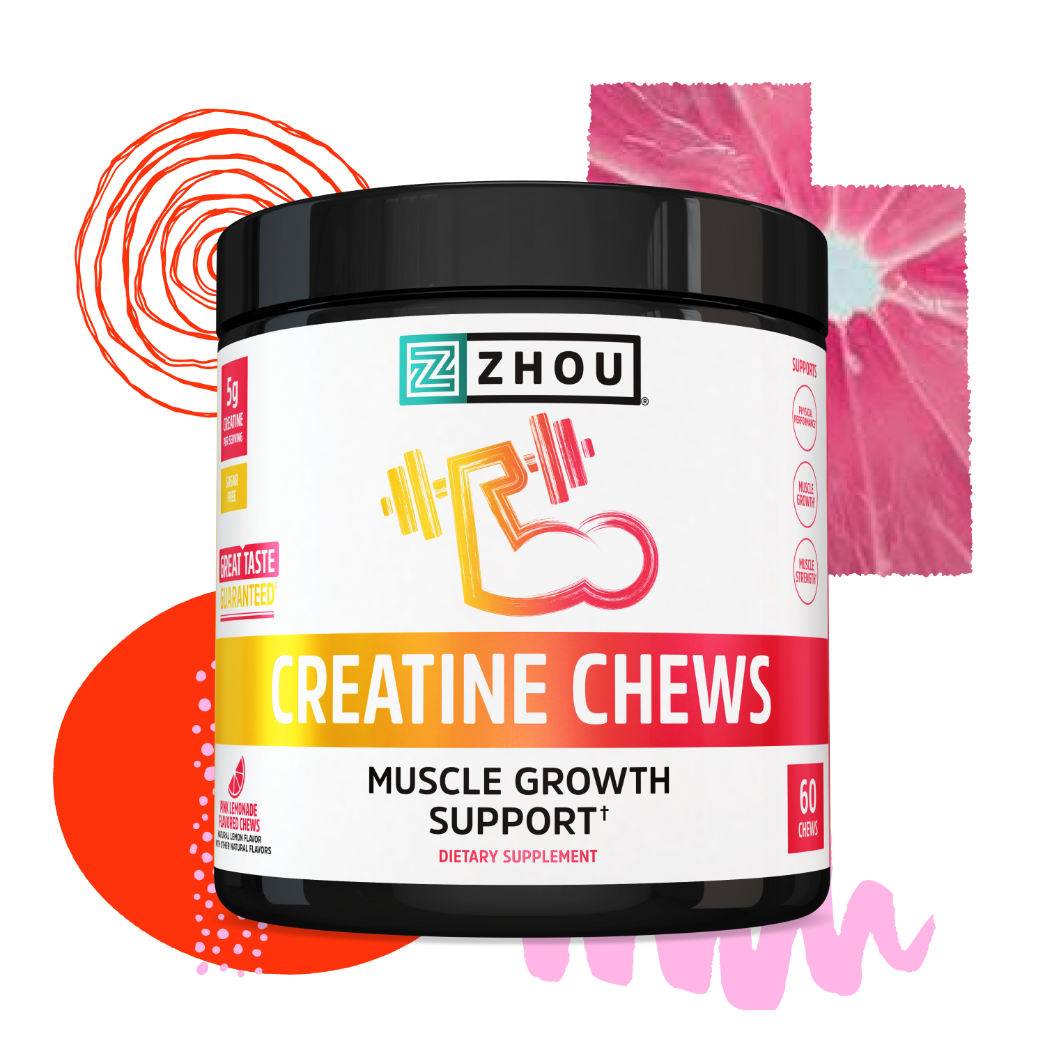 A container of Zhou Nutrition Creatine Chews for muscle growth with colorful abstract shapes in the background.