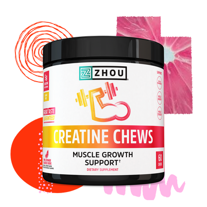 A container of Zhou Nutrition Creatine Chews for muscle growth with colorful abstract shapes in the background.
