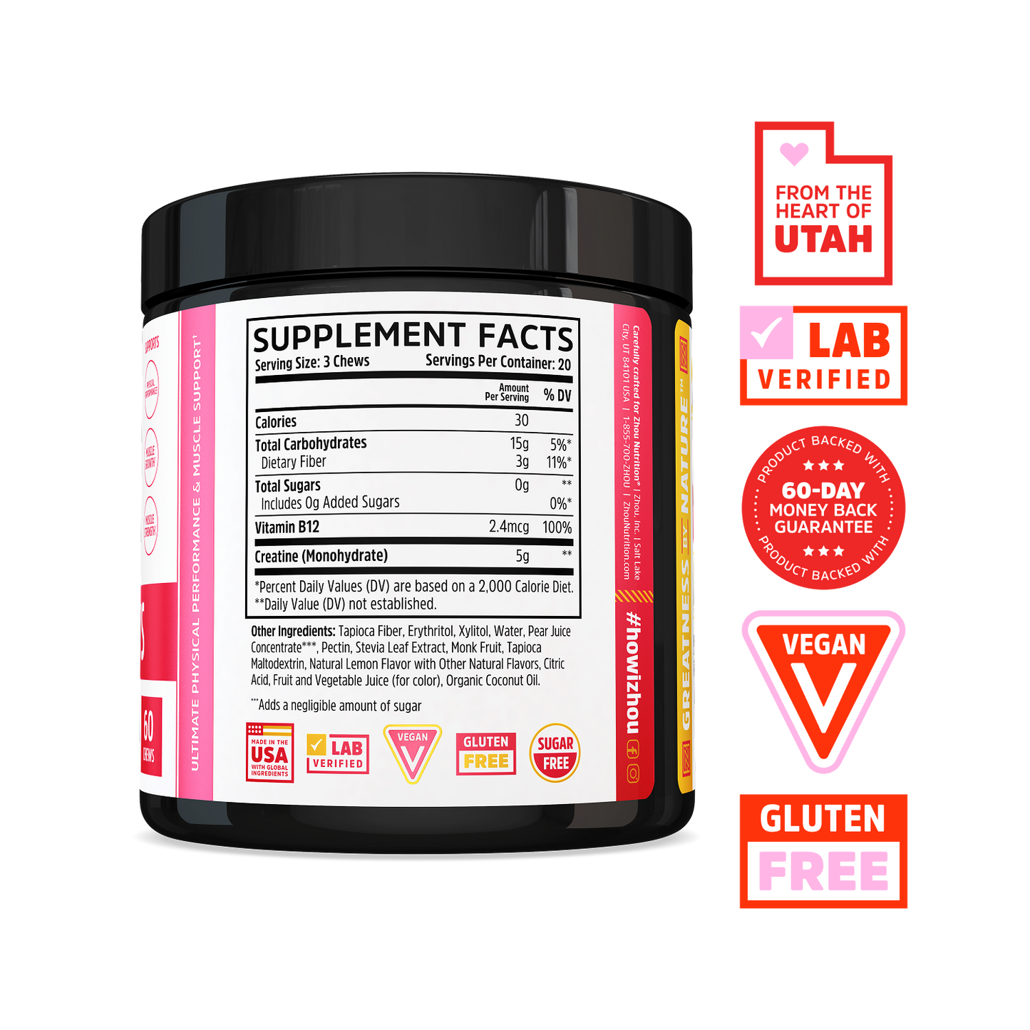 Zhou Nutrition Creatine Chews: black jar, Utah-made, vegan, gluten-free, perfect for muscle growth.