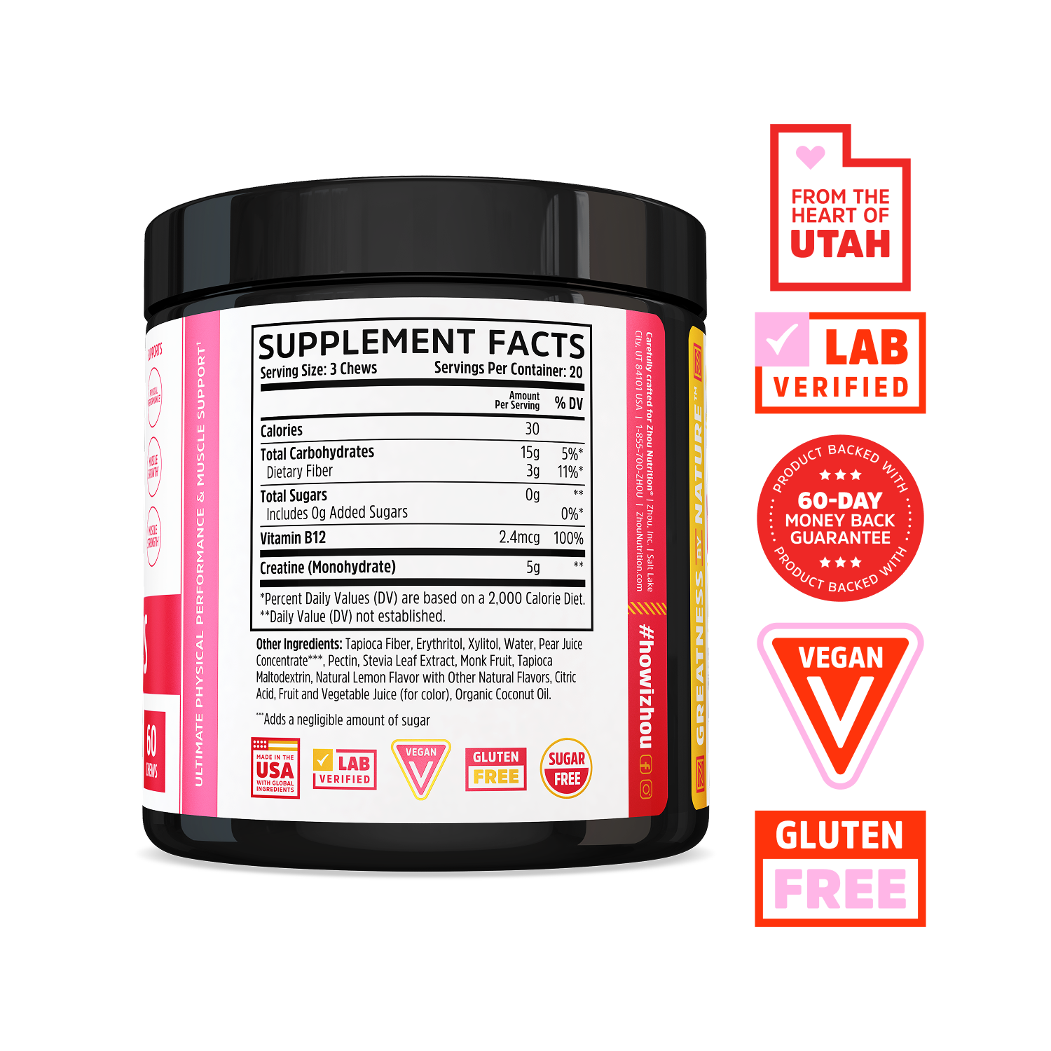 Zhou Nutrition Creatine Chews: black jar, Utah-made, vegan, gluten-free, perfect for muscle growth.
