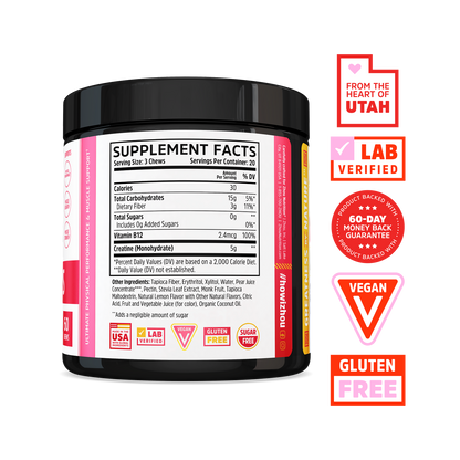 Zhou Nutrition Creatine Chews: black jar, Utah-made, vegan, gluten-free, perfect for muscle growth.