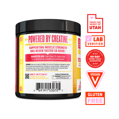 Zhou Nutrition Creatine Chews—Powered by Creatine Monohydrate; muscle growth, vegan, gluten-free, lab-verified.
