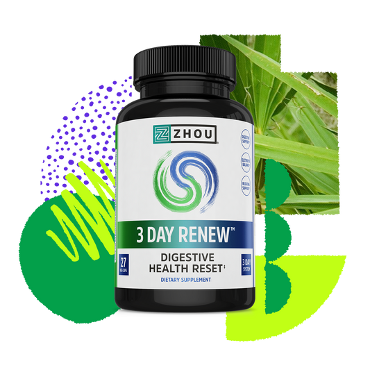 A bottle of Zhou Nutrition 3 Day Renew for digestive reset, set against abstract green and purple background designs.
