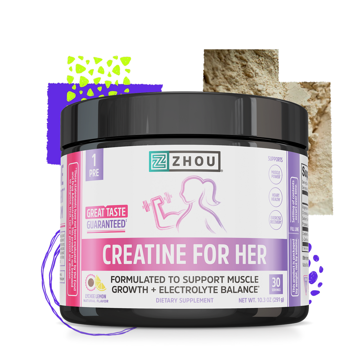 A black plastic tub of Zhou Nutrition Creatine for Her powder featuring a female athlete lifting weights.