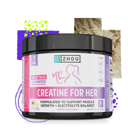 A black plastic tub of Zhou Nutrition Creatine for Her powder featuring a female athlete lifting weights.
