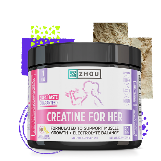 A black plastic tub of Zhou Nutrition Creatine for Her powder featuring a female athlete lifting weights.