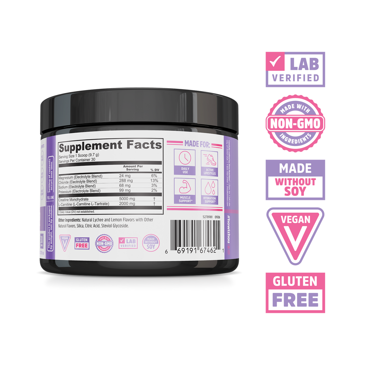 A black plastic tub of Zhou Nutrition Creatine for Her showing the Supplement Facts label and certification icons.