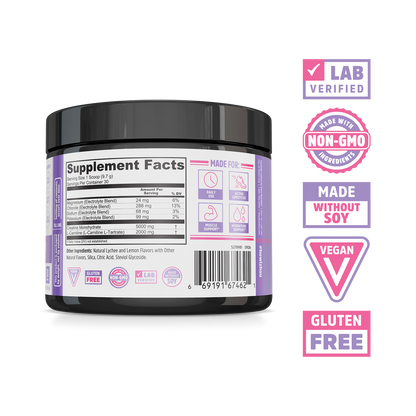 A black plastic tub of Zhou Nutrition Creatine for Her showing the Supplement Facts label and certification icons.