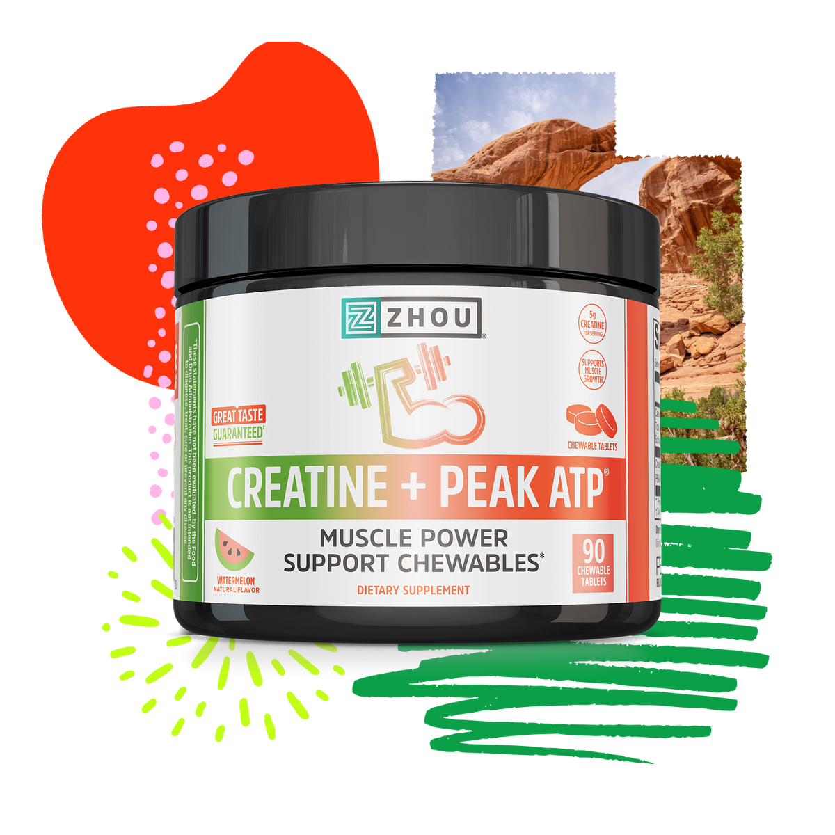 Zhou Nutrition Creatine + PEAK ATP® Chewables, abstract design, rocky scene, supports muscle growth.