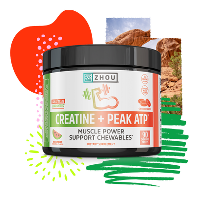 Zhou Nutrition Creatine + PEAK ATP® Chewables, abstract design, rocky scene, supports muscle growth.