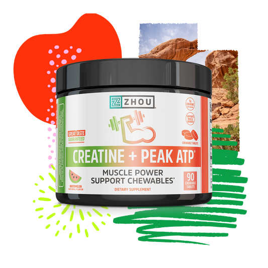 Zhou Nutrition Creatine + PEAK ATP® Chewables, abstract design, rocky scene, supports muscle growth.