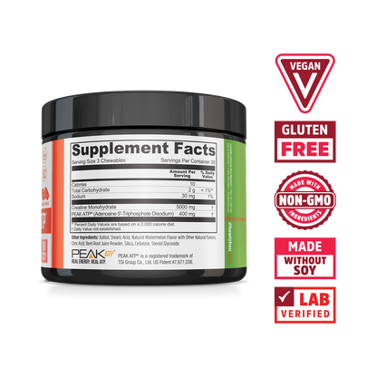 Zhou Nutrition Creatine + PEAK ATP® Chewables: vegan, gluten-free, non-GMO, soy-free; lab verified for muscle strength.
