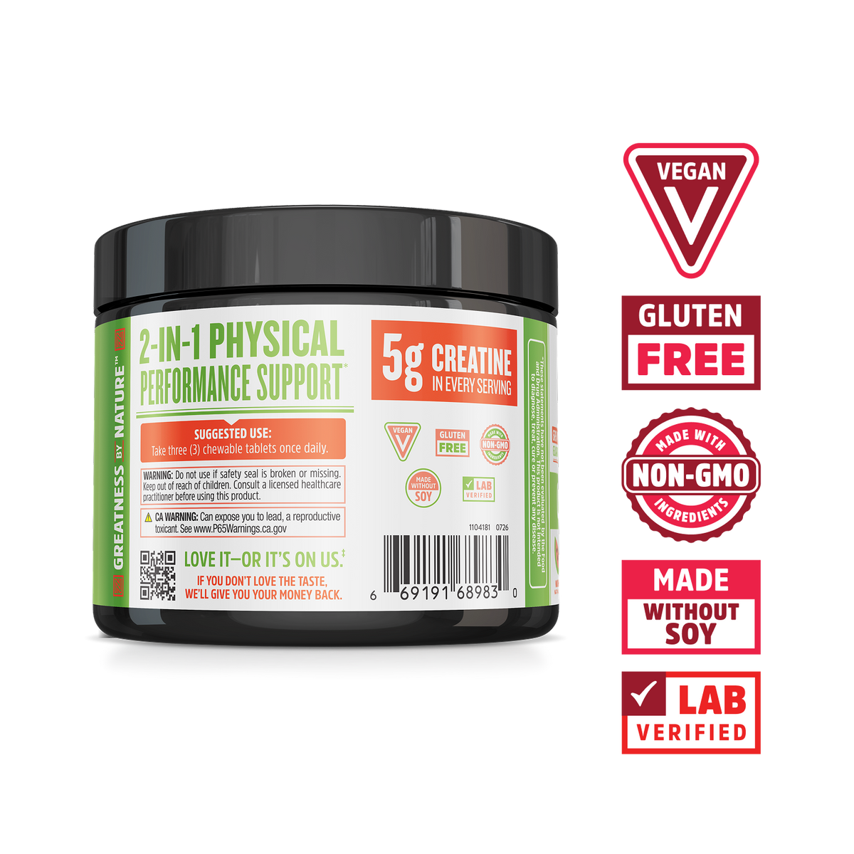 Zhou Nutrition Creatine + PEAK ATP® Chewables: vegan, gluten-free, non-GMO, soy-free, lab-tested for muscle growth.